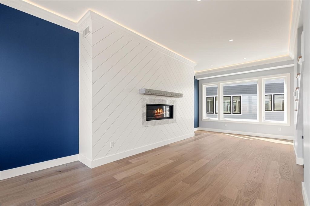 Empty room, Fireplace, Interior, Recessed Lighting, Wood Texture Flooring