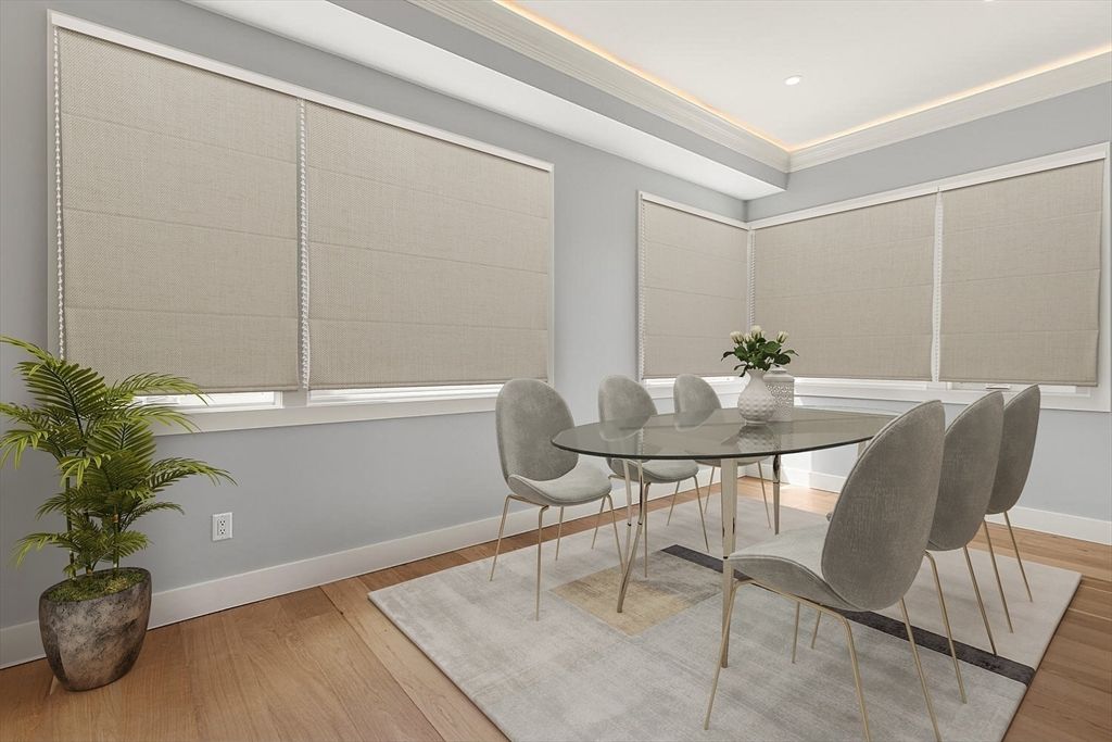 Dining room, Interior, Recessed Lighting, Wood Texture Flooring