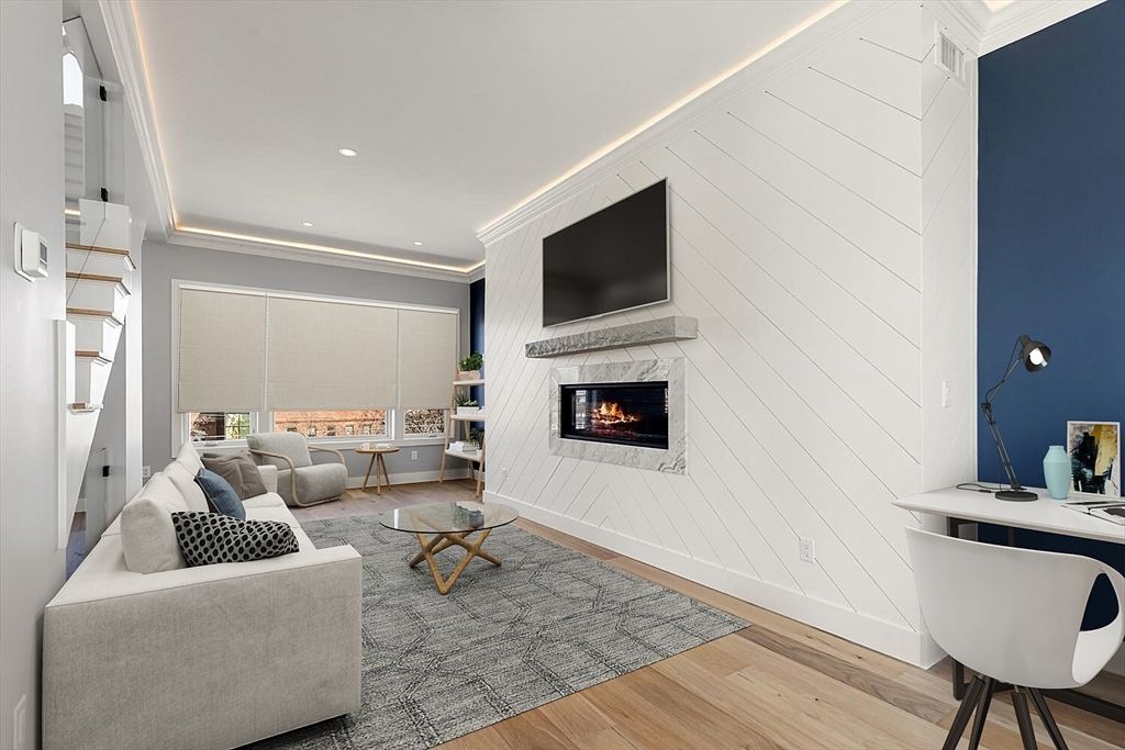 Fireplace, Interior, Living room, Recessed Lighting, Wood Texture Flooring