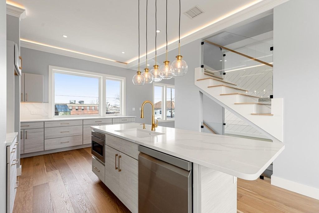 Interior, Kitchen, Pendant Lights, Recessed Lighting, Stainless Steel Appliances, Wood Texture Flooring