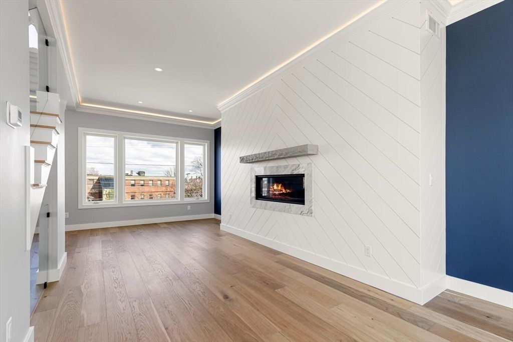 Empty room, Fireplace, Interior, Recessed Lighting, Wood Texture Flooring