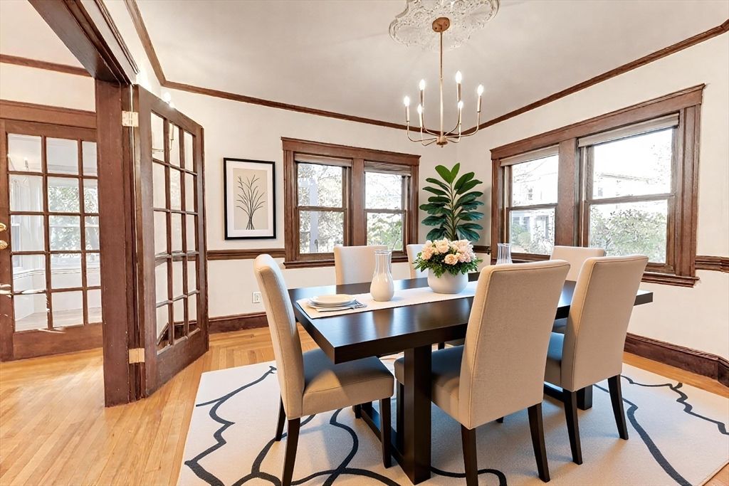 Dining room, Interior, Pendant Lights, Wood Texture Flooring