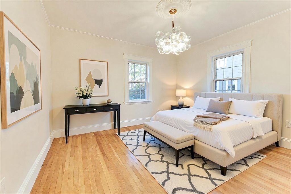 Bedroom, Chandelier, Interior, Wood Texture Flooring