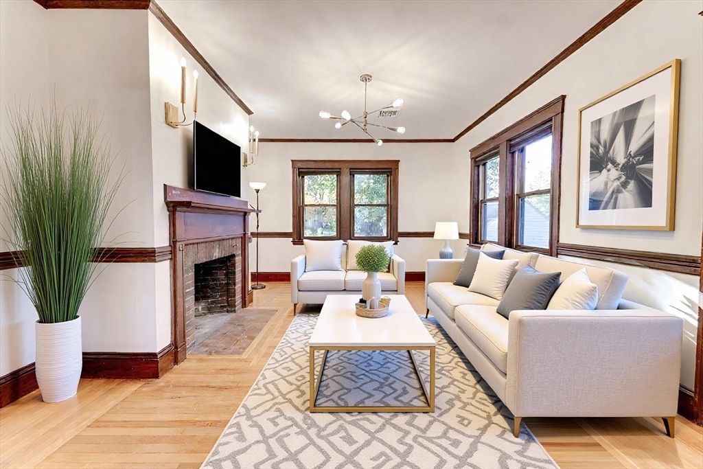 Fireplace, Interior, Living room, Pendant Lights, Wood Texture Flooring