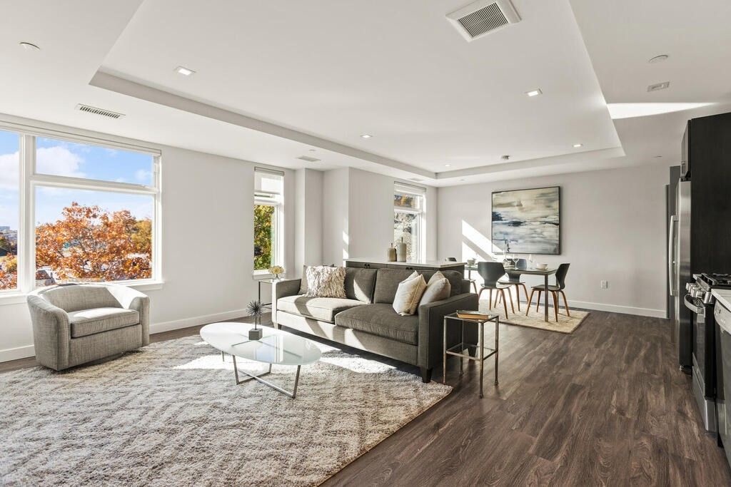 Dining room, Interior, Living room, Recessed Lighting, Wood Texture Flooring