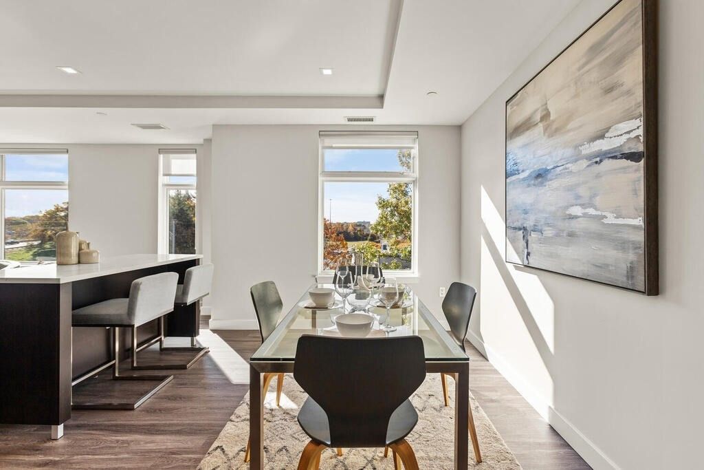 Dining room, Interior, Recessed Lighting, Wood Texture Flooring