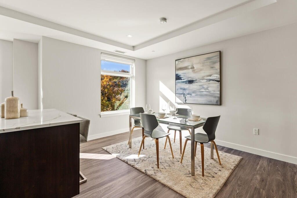 Dining room, Interior, Recessed Lighting, Wood Texture Flooring