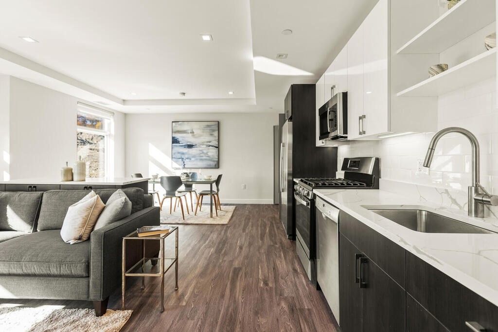 Dining room, Interior, Kitchen, Living room, Recessed Lighting, Stainless Steel Appliances, Wood Texture Flooring