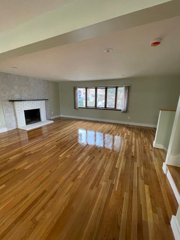 Empty room, Fireplace, Interior, Recessed Lighting, Wood Texture Flooring