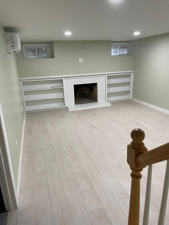 Empty room, Fireplace, Interior, Recessed Lighting, Wood Texture Flooring