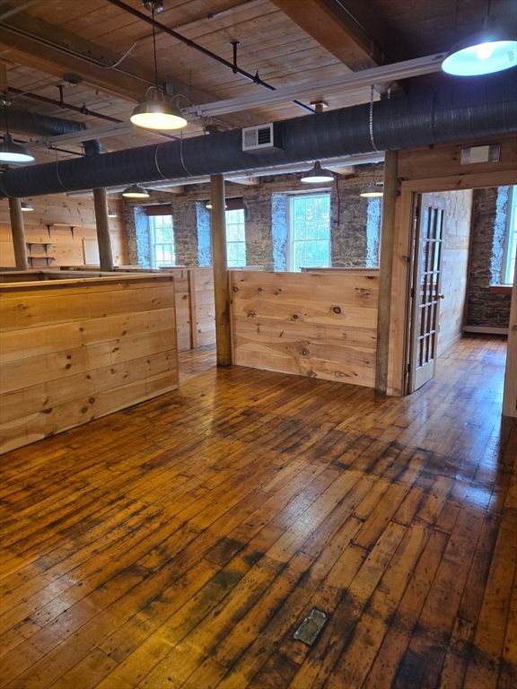 Empty room, Interior, Pendant Lights, Stone Walls, Wooden Beams, Wood Texture Flooring, Wooden Walls