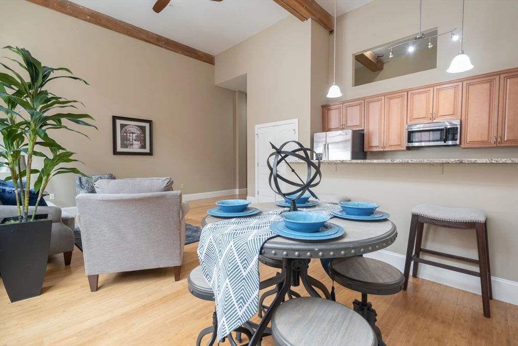 Dining room, Interior, Kitchen, Pendant Lights, Wood Texture Flooring