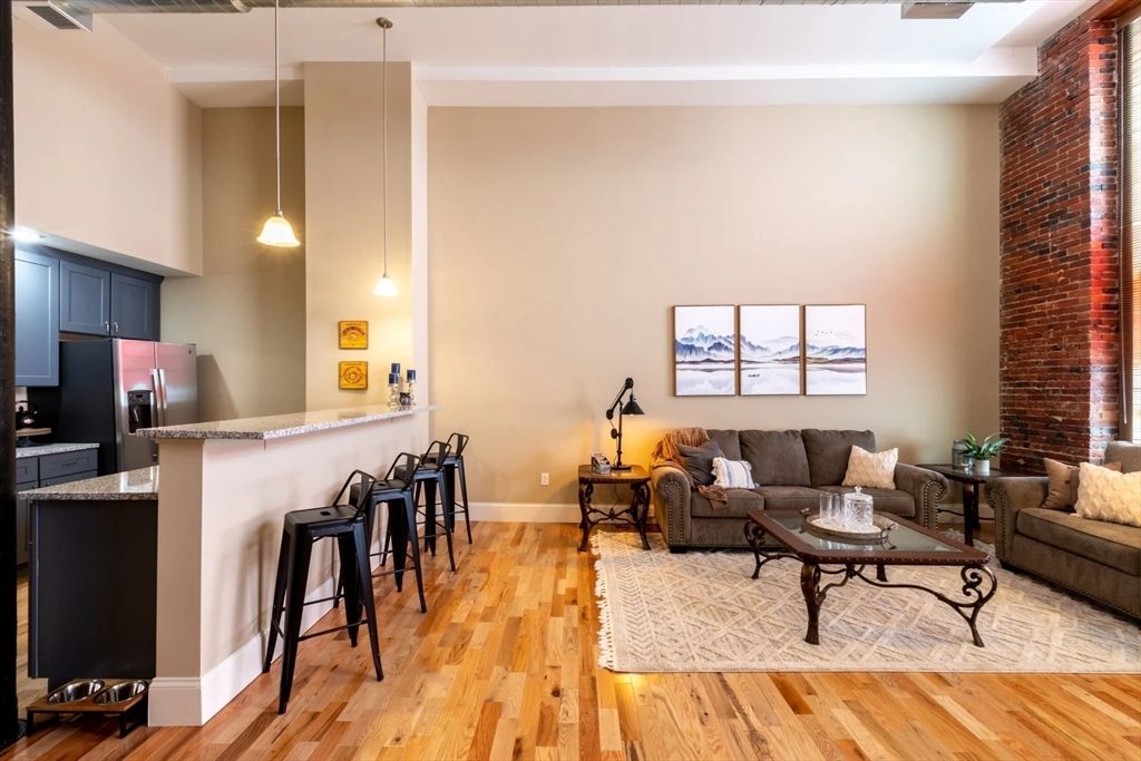 Interior, Kitchen, Living room, Pendant Lights, Stone Walls, Wood Texture Flooring