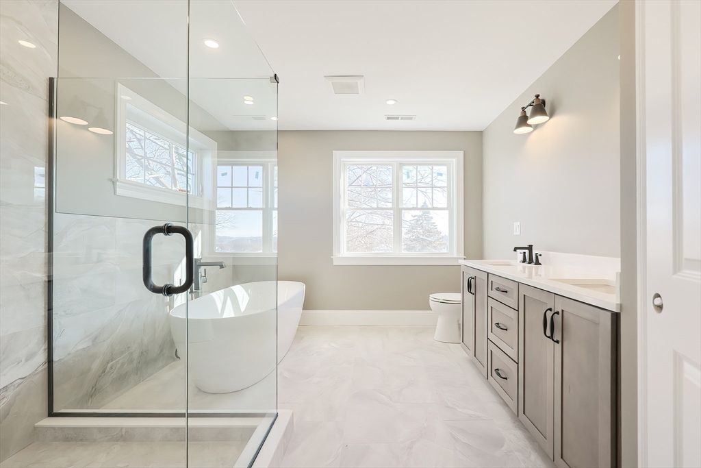 Bathroom, Dual Sink Vanities, Free Standing Baths, Glass Shower, Interior, Marble, Recessed Lighting