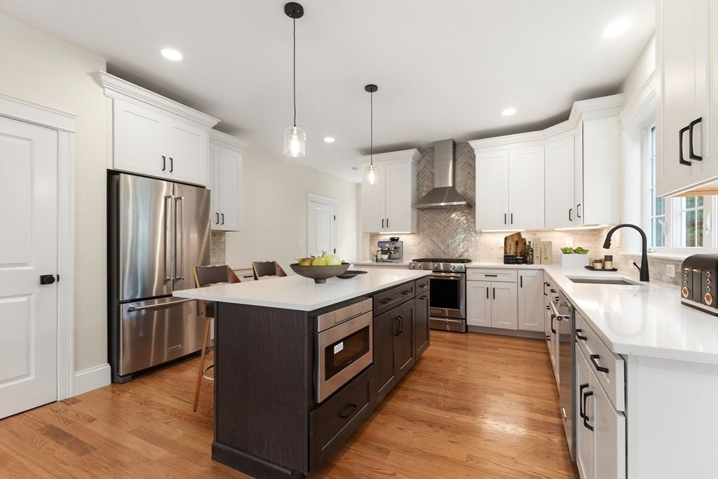 Interior, Kitchen, Pendant Lights, Recessed Lighting, Stainless Steel Appliances, Wood Texture Flooring