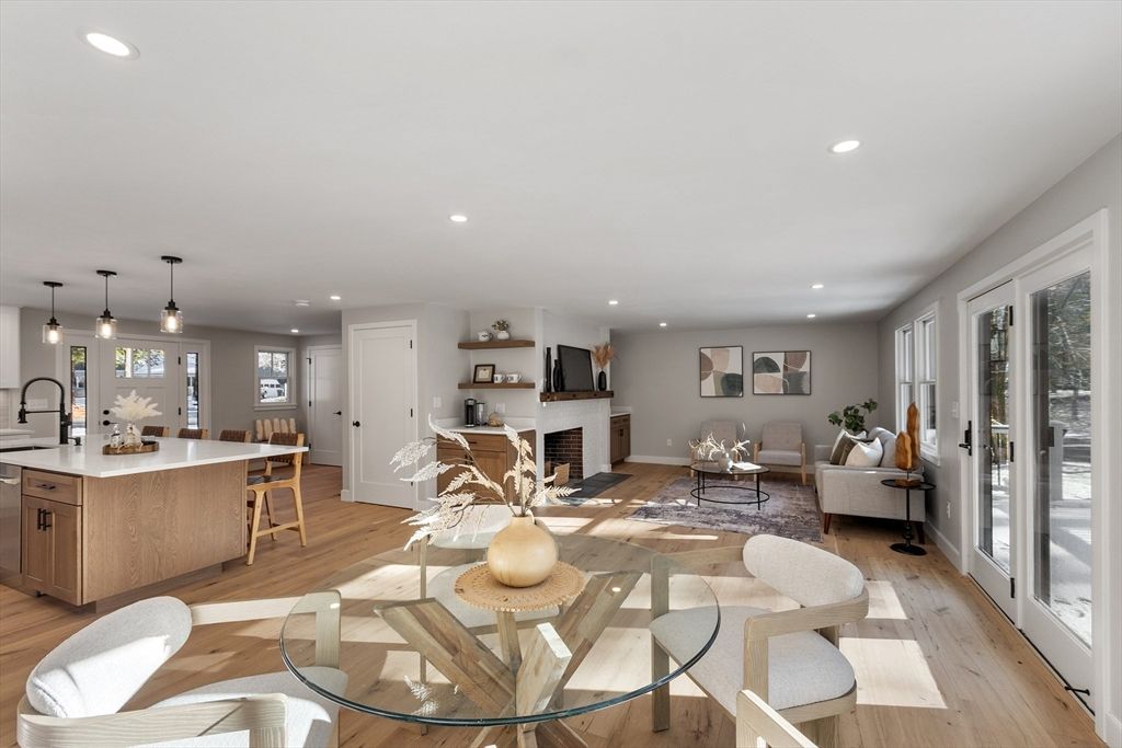 Dining room, Fireplace, Interior, Kitchen, Living room, Pendant Lights, Recessed Lighting, Wood Texture Flooring