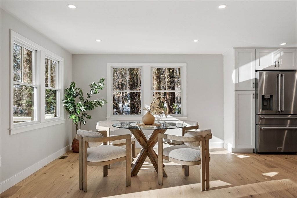 Dining room, Interior, Kitchen, Recessed Lighting, Stainless Steel Appliances, Wood Texture Flooring