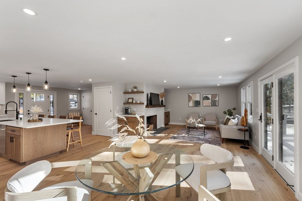 Dining room, Fireplace, Interior, Kitchen, Living room, Pendant Lights, Recessed Lighting, Wood Texture Flooring