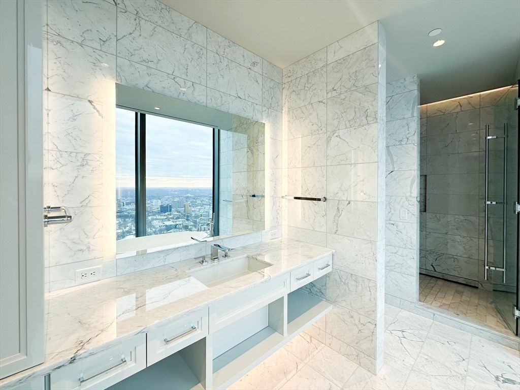 Bathroom, Glass Shower, Interior, Marble, Marble Walls, Recessed Lighting