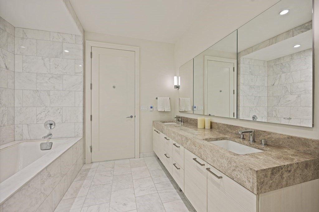 Bathroom, Dual Sink Vanities, Interior, Marble, Marble Walls, Recessed Lighting