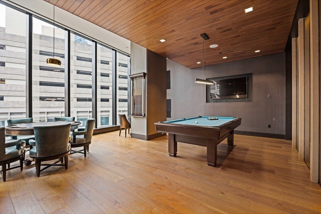 Billiard Table, Dining room, Game Room, Interior, Pendant Lights, Recessed Lighting, Wooden Ceilings, Wood Texture Flooring