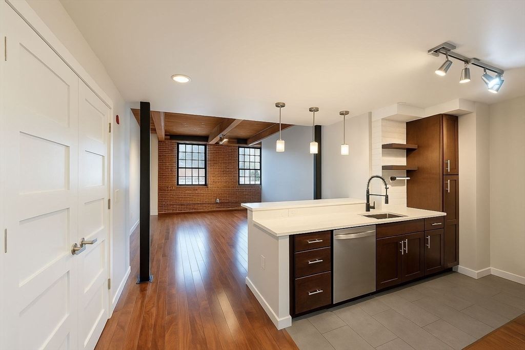 Interior, Kitchen, Pendant Lights, Recessed Lighting, Stainless Steel Appliances, Wooden Ceilings, Wood Texture Flooring