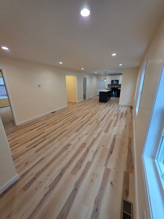 Empty room, Interior, Kitchen, Pendant Lights, Recessed Lighting, Wood Texture Flooring