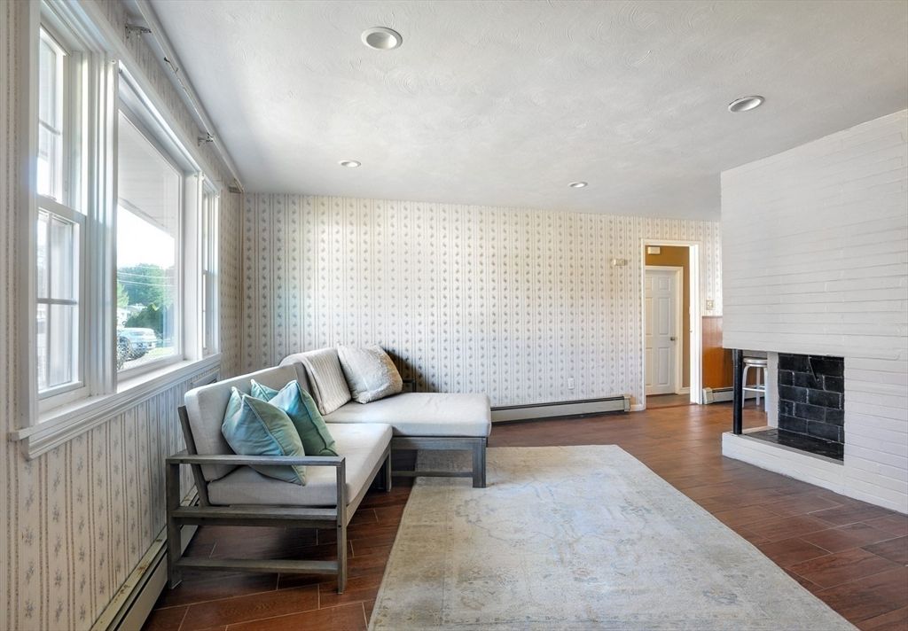 Fireplace, Interior, Recessed Lighting, Wood Texture Flooring