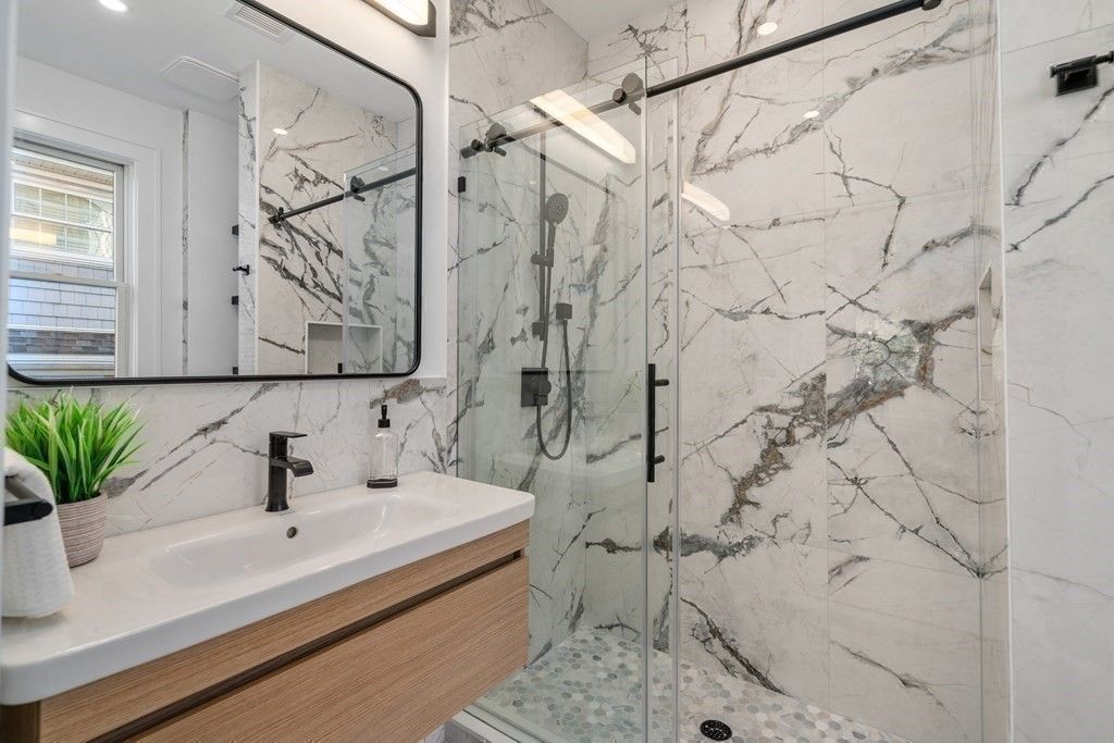 Bathroom, Glass Shower, Interior, Marble Walls, Recessed Lighting