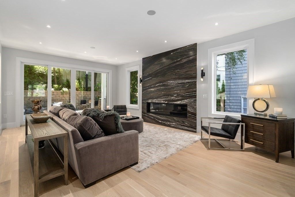 Fireplace, Interior, Living room, Recessed Lighting, Wood Texture Flooring