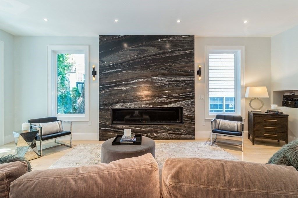 Fireplace, Interior, Living room, Recessed Lighting, Wood Texture Flooring