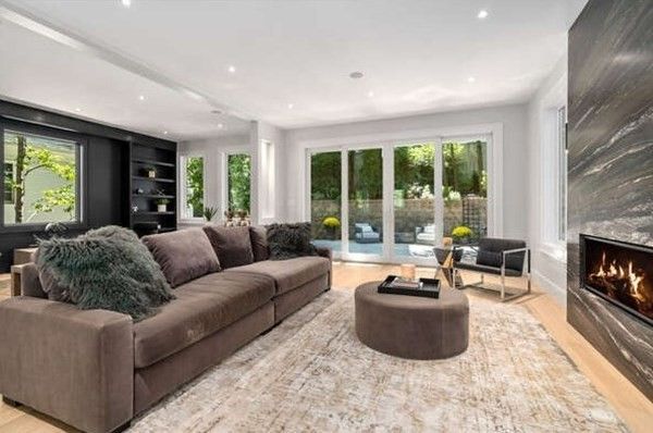 Fireplace, Interior, Living room, Recessed Lighting, Wood Texture Flooring