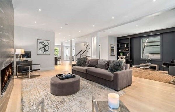 Fireplace, Interior, Living room, Recessed Lighting, Wood Texture Flooring