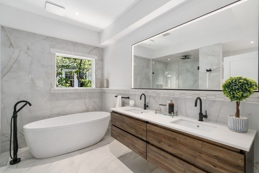 Bathroom, Dual Sink Vanities, Free Standing Baths, Interior, Marble, Marble Walls, Recessed Lighting
