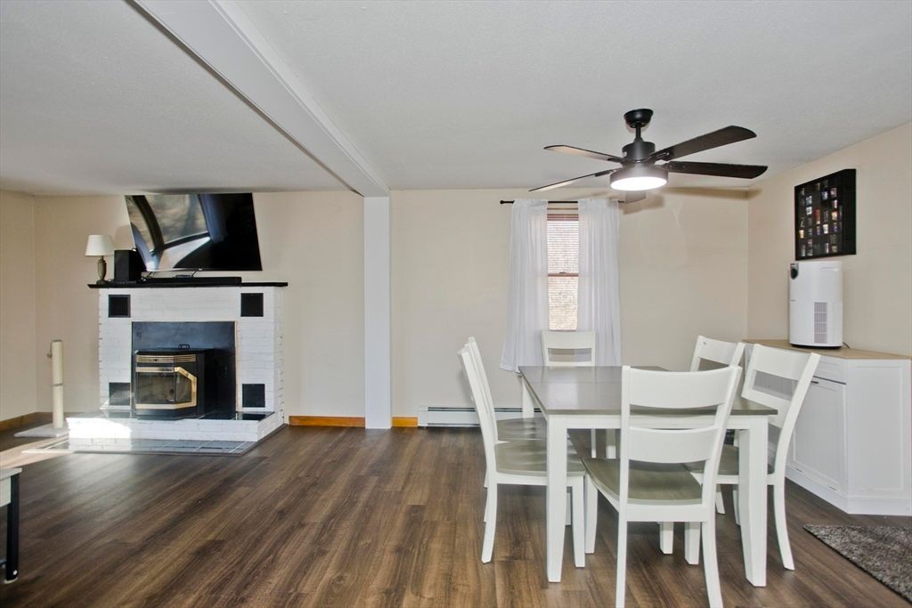 Dining room, Fireplace, Interior, Wood Texture Flooring