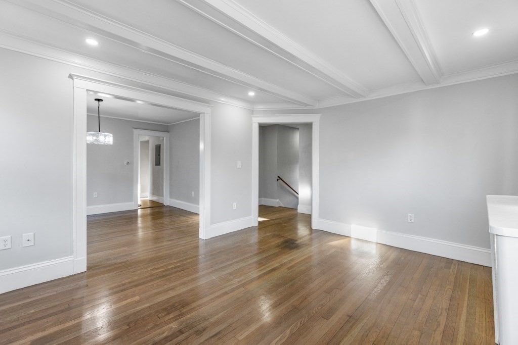 Empty room, Interior, Pendant Lights, Recessed Lighting, Wood Texture Flooring