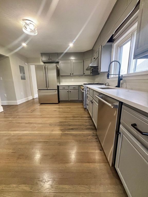 Interior, Kitchen, Stainless Steel Appliances, Wood Texture Flooring