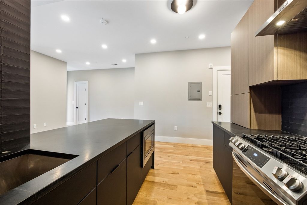 Interior, Kitchen, Recessed Lighting, Stainless Steel Appliances, Wood Texture Flooring