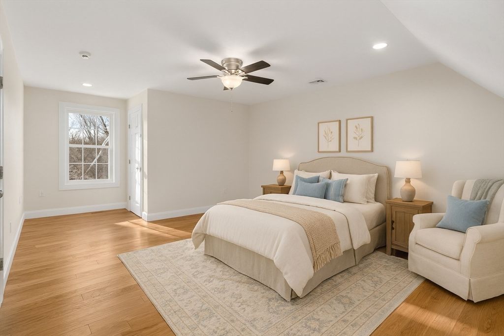 Bedroom, Interior, Recessed Lighting, Wood Texture Flooring