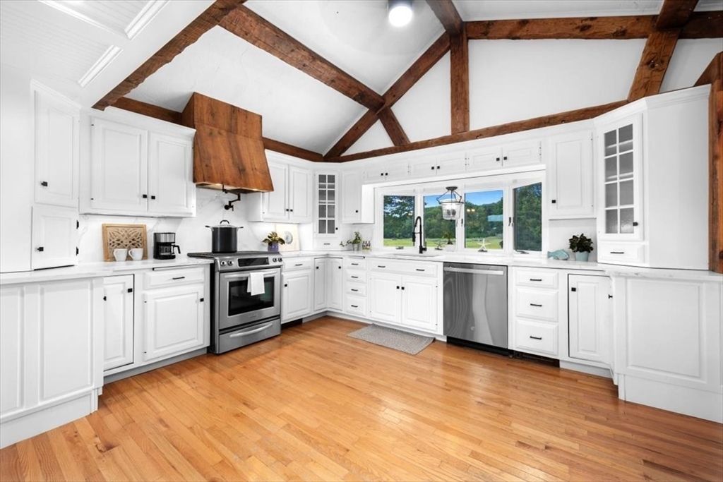 Interior, Kitchen, Stainless Steel Appliances, Wooden Beams, Wood Texture Flooring