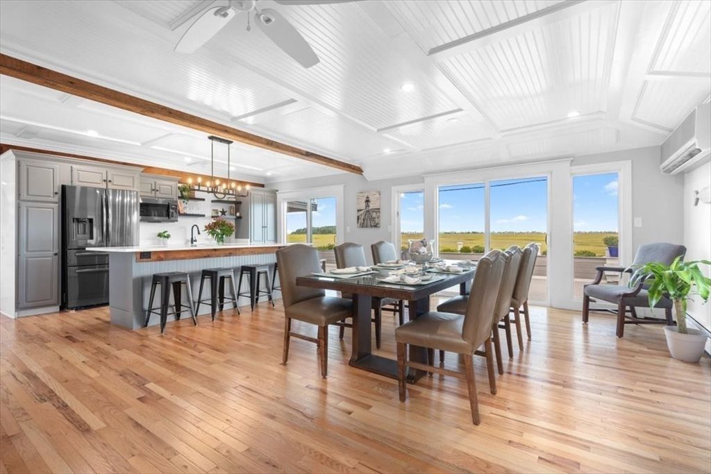 Chandelier, Dining room, Interior, Kitchen, Pendant Lights, Recessed Lighting, Stainless Steel Appliances, Wooden Beams, Wood Texture Flooring