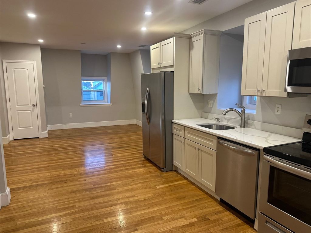 Interior, Kitchen, Recessed Lighting, Stainless Steel Appliances, Wood Texture Flooring