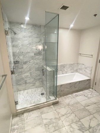 Bathroom, Glass Shower, Interior, Marble, Marble Walls, Recessed Lighting
