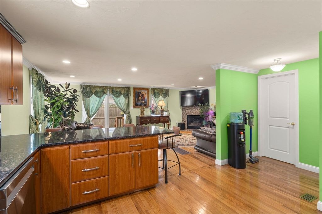 Fireplace, Interior, Recessed Lighting, Wood Texture Flooring