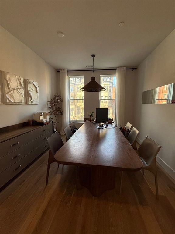 Dining room, Interior, Pendant Lights, Recessed Lighting, Wood Texture Flooring