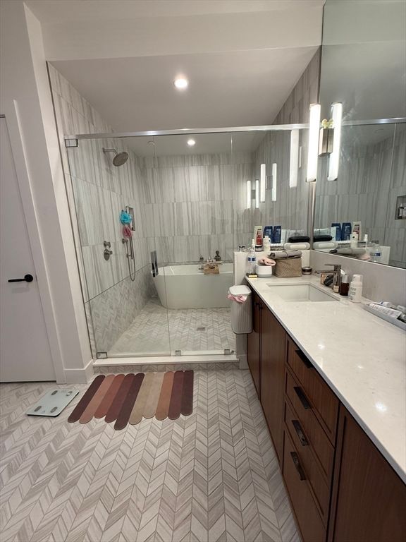 Bathroom, Dual Sink Vanities, Glass Shower, Interior, Pendant Lights, Recessed Lighting
