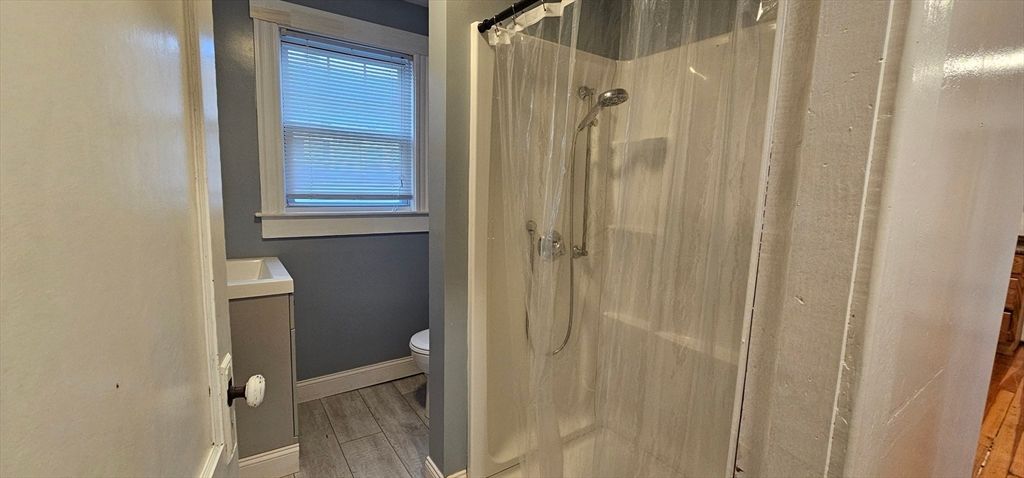 Bathroom, Glass Shower, Interior, Wood Texture Flooring