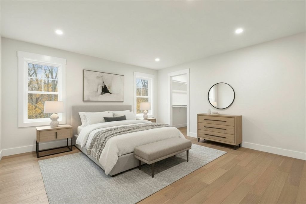 Bedroom, Interior, Recessed Lighting, Wood Texture Flooring