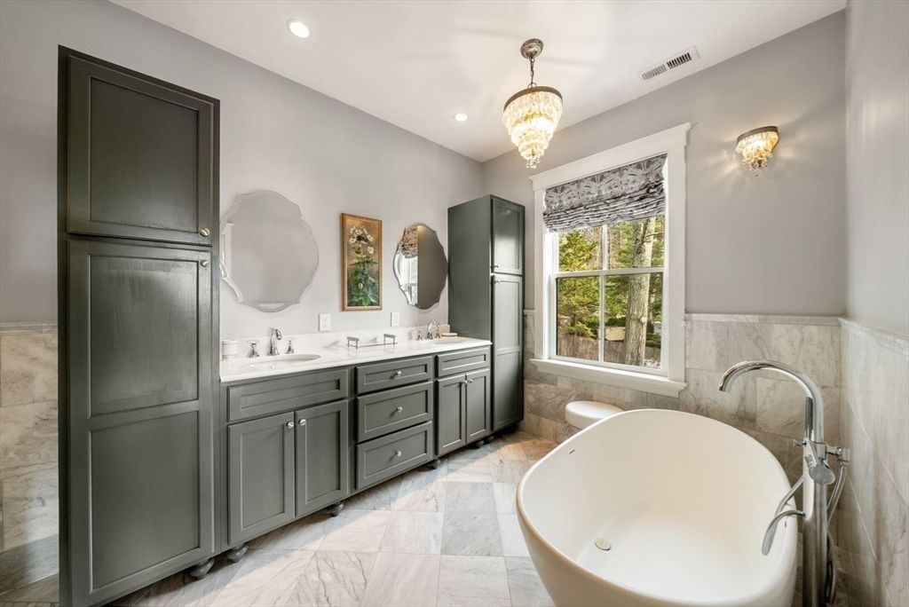 Bathroom, Chandelier, Dual Sink Vanities, Free Standing Baths, Interior, Marble, Recessed Lighting