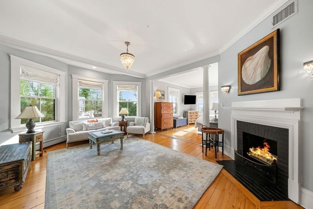 Chandelier, Fireplace, Interior, Living room, Recessed Lighting, Wood Texture Flooring